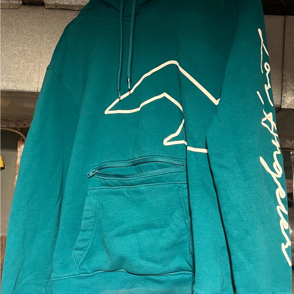 Hollister Los Angeles Graphic Hoodie Teal XS Hidden Zip Pocket Pullover